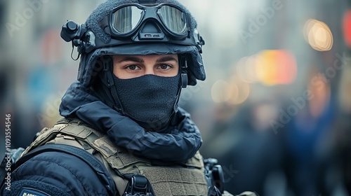 A focused soldier donned in tactical gear stands on a bustling urban street, vigilant and attentive, embodying protection and readiness amidst civilian life.