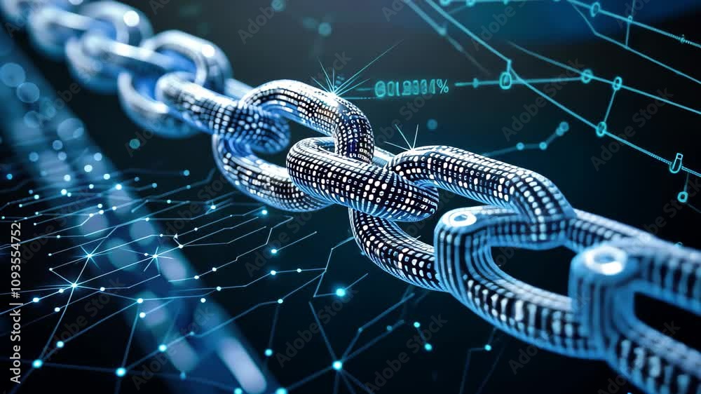 A Digital Chain Representing the Future Impact of Blockchain Technology, Visualize the future impact of Blockchain Technology on global economies and societies A Digital Chain Representing the Future Impact of Blockchain Technology, Visualize the future impact of Blockchain Technology on global economies and societies