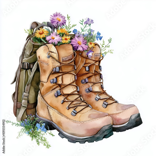 Watercolor illustration of a hiking boots with flowers and tourist backpack.