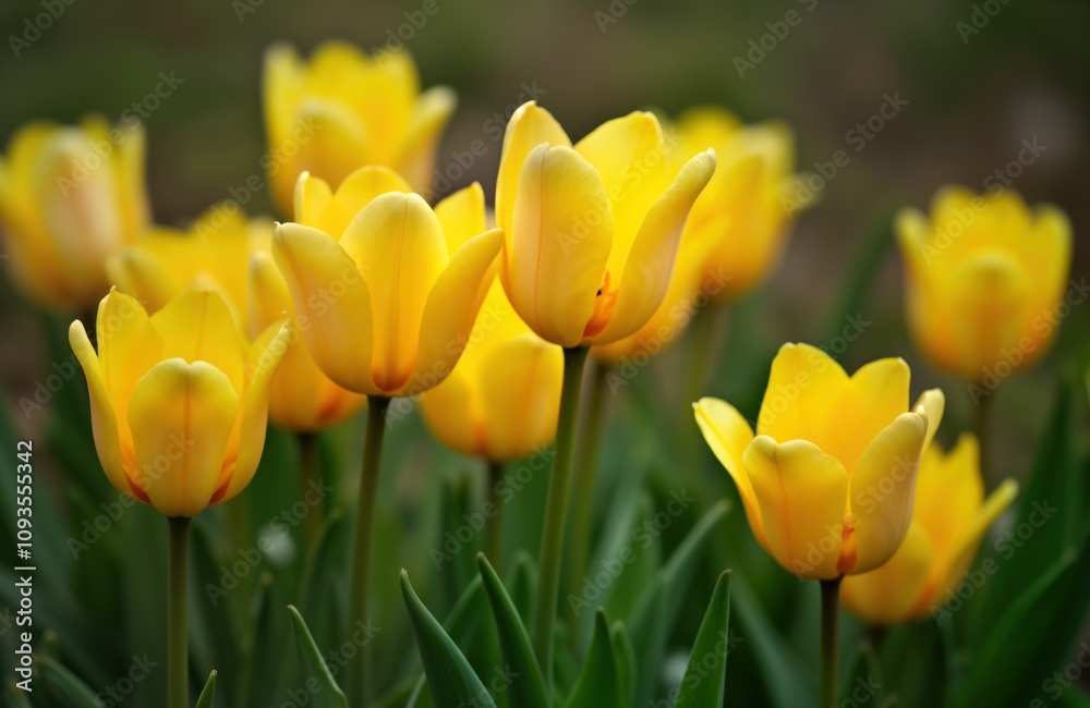 Closeup view of blooming yellow tulips in garden. Spring flowers in vibrant yellow tones. Fresh and colorful flora with green foliage. Natural beauty in meadow. Bright yellow spring flowers in detail. Closeup view of blooming yellow tulips in garden. Spring flowers in vibrant yellow tones. Fresh and colorful flora with green foliage. Natural beauty in meadow. Bright yellow spring flowers in detail.