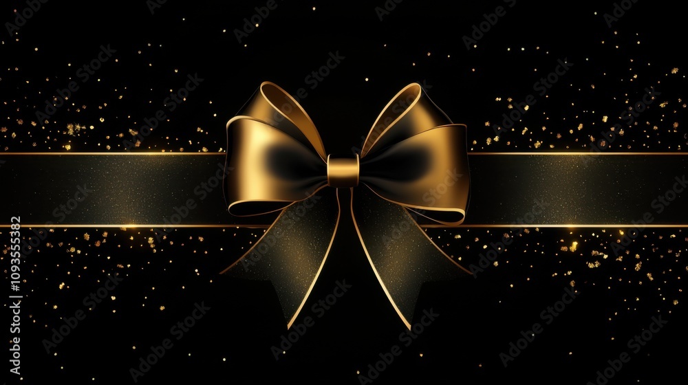 Elegant golden ribbon and bow with sparkles ready for celebration or gift presentation in a dark background Elegant golden ribbon and bow with sparkles ready for celebration or gift presentation in a dark background
