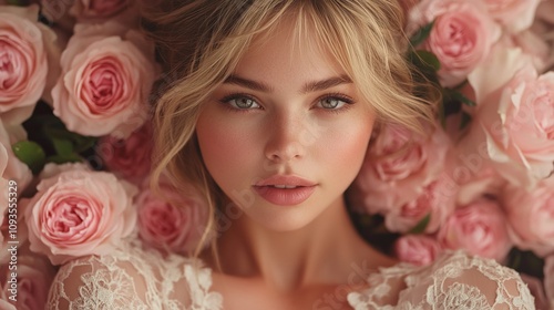 A woman lies surrounded by pink roses, illustrating beauty and serenity intertwined with nature, capturing the essence of elegance and harmony. photo