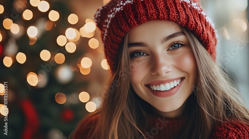 A woman wearing a red hat and smiling