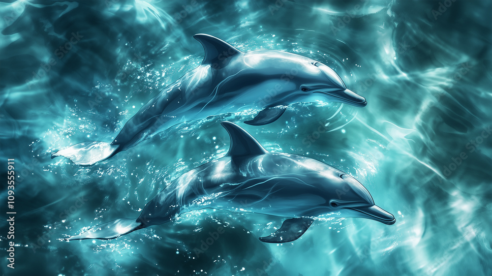 Fototapeta premium 透き通った海で泳ぐイルカのペア