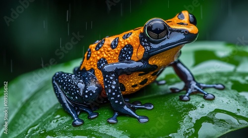 A vibrant orange and black spotted frog rests on a lush green leaf, showcasing the beautiful colors of nature and representing survival and wilderness. photo