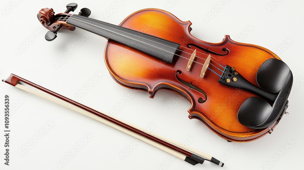 Fototapeta premium Elegant Violin with Bow on White Background