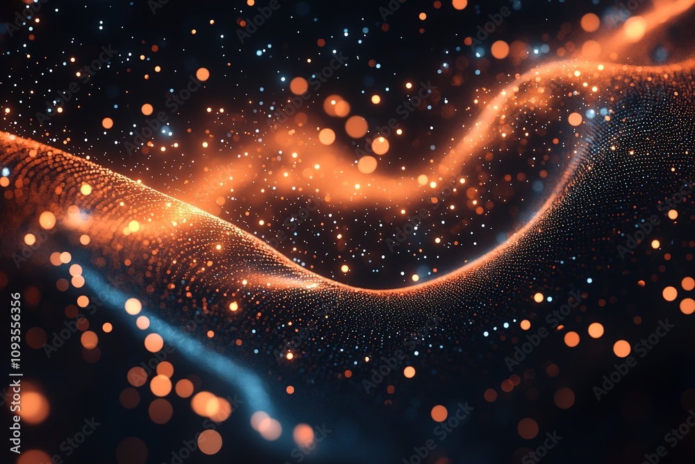 Obraz premium Glowing particles in wave motion on dark background