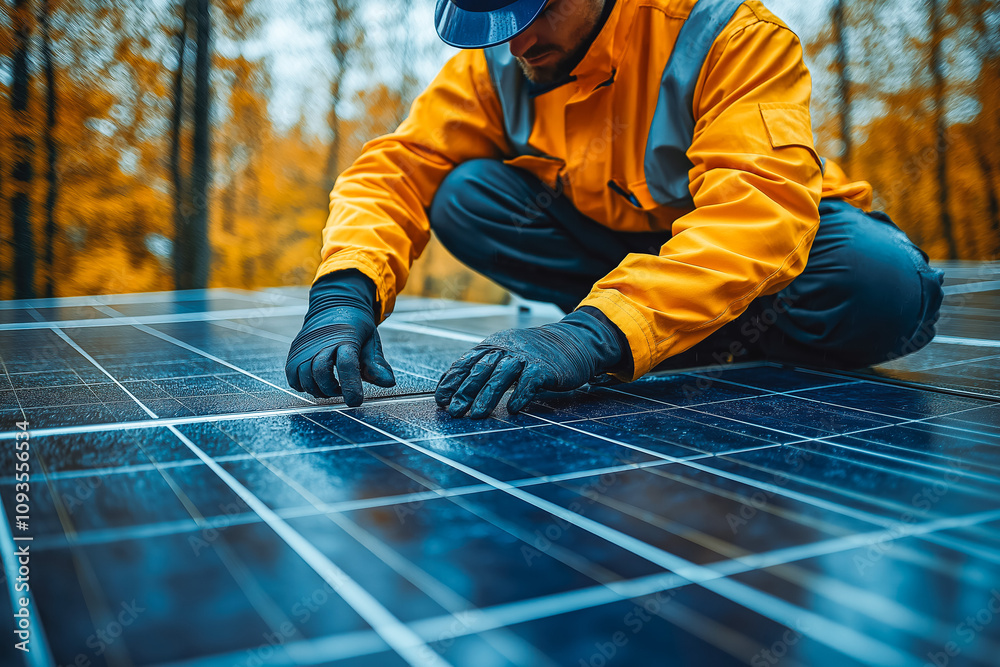 Close-up of an engineer inspecting solar panels on a corporate rooftop Close-up of an engineer inspecting solar panels on a corporate rooftop