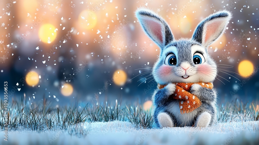 Obraz premium A cute little bunny wearing a scarf sitting in the snow