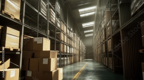 Industrial warehouse with organized shelves and stacked boxes during daylight