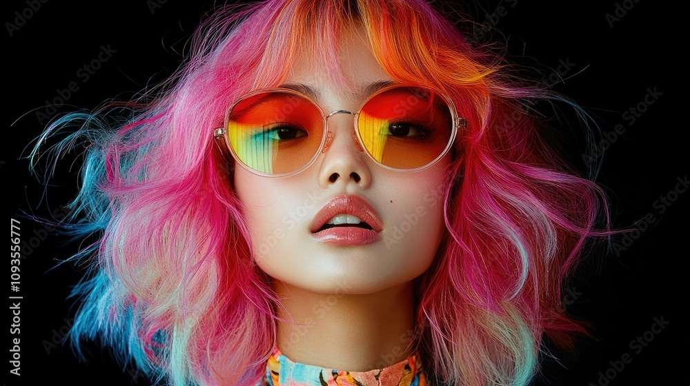 Obraz premium A vibrant portrait of a person with colorful hair and sunglasses, showcasing a bold fashion statement.