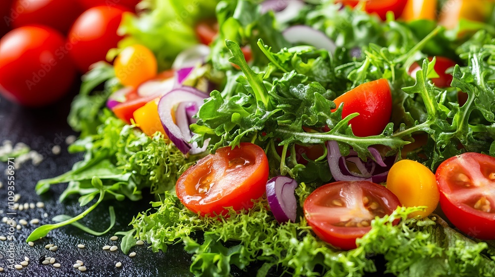 A fresh salad bursts with vibrant greens, cherry tomatoes, and sliced onions on a black surface, showcasing a colorful and healthy food option for any meal.