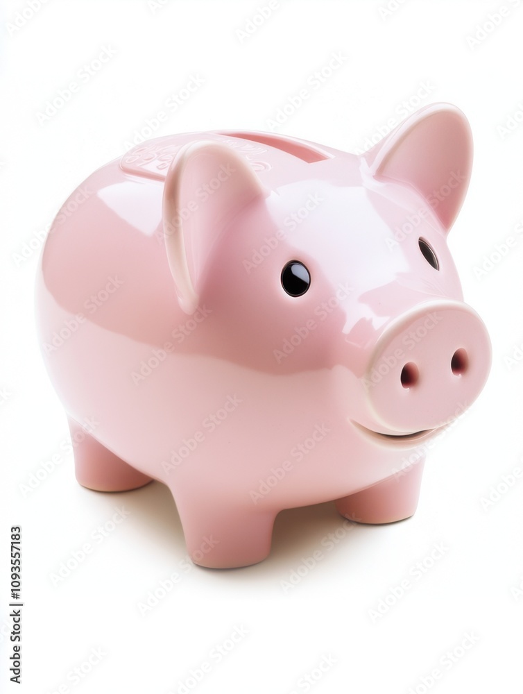 Cute pink piggy bank on a white background for saving coins and managing finances Cute pink piggy bank on a white background for saving coins and managing finances