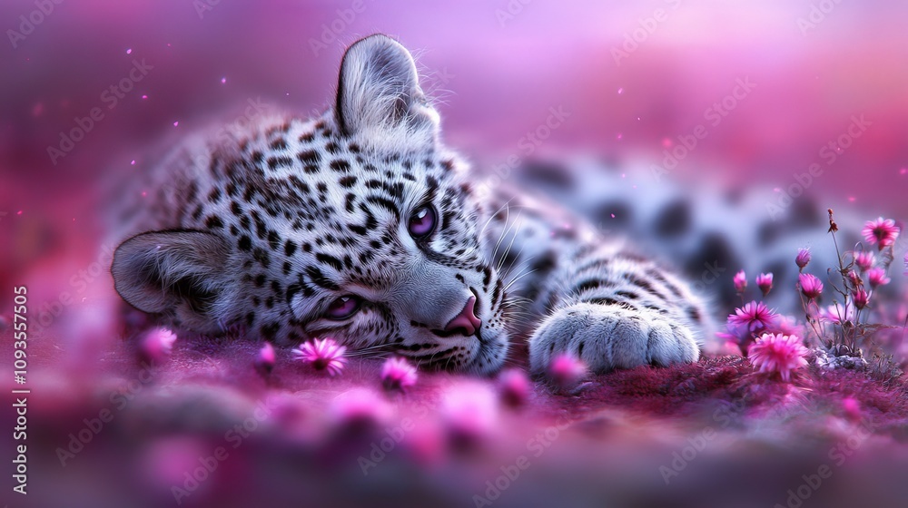 A leopard laying on the ground surrounded by pink flowers A leopard laying on the ground surrounded by pink flowers