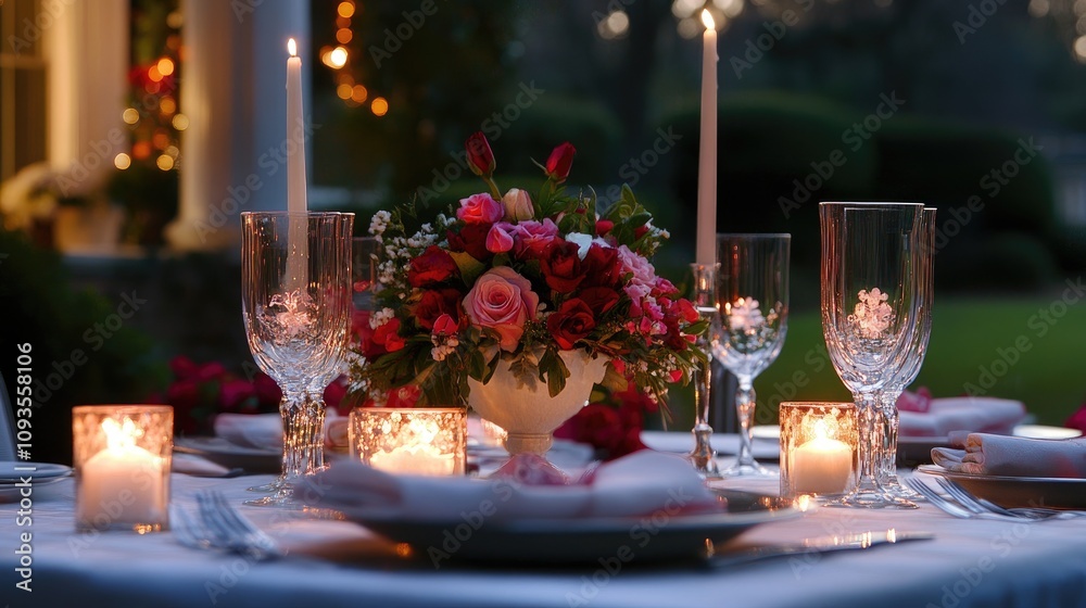 Romantic Outdoor Dinner Table Setting With Candles And Roses