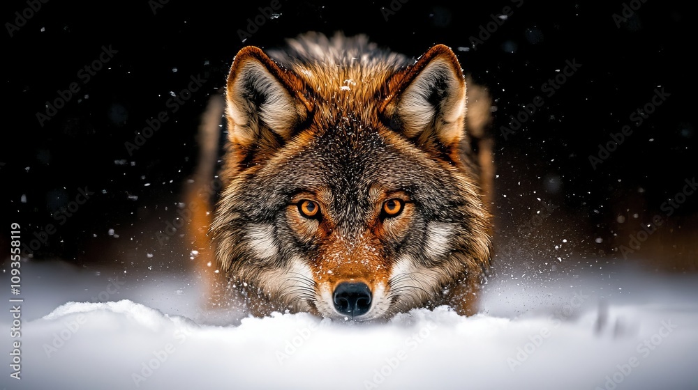 A wolf is walking through the snow in the dark A wolf is walking through the snow in the dark
