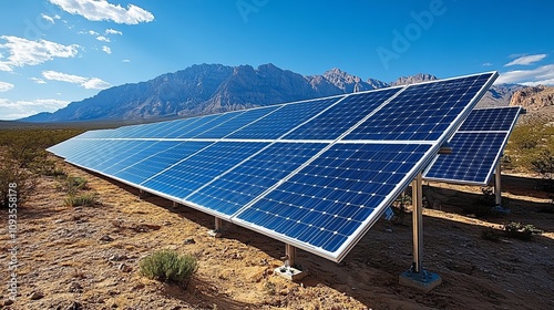 An extensive array of solar panels stretch across a barren landscape, set against a backdrop of majestic mountains under a vast, open sky illuminated by sunlight. photo