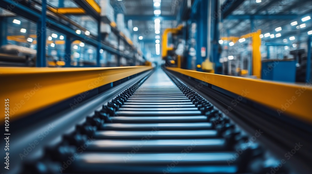 A perspective view along a conveyor belt within an advanced factory environment highlights technology and industrial efficiency in the contemporary manufacturing process. A perspective view along a conveyor belt within an advanced factory environment highlights technology and industrial efficiency in the contemporary manufacturing process.