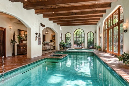 Indoor pool area with natural light and elegant design elements.