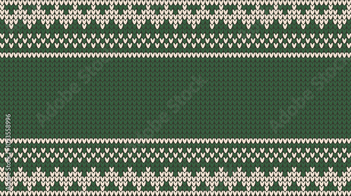 Horizontal knitted green background with white pattern. Winter holiday knitted design. Vector illustration.