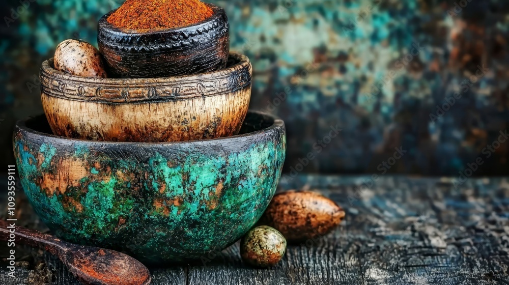 A wooden bowl filled with spices next to a wooden spoon A wooden bowl filled with spices next to a wooden spoon
