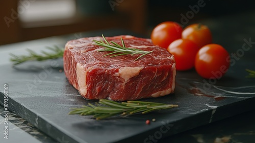 A delectable raw steak garnished with fresh rosemary sprigs and ripe cherry tomatoes on a marble slate, ideal for culinary enthusiasts and stock image libraries. photo