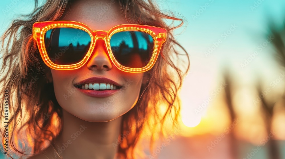 A joyful woman smiles brightly wearing neon-lit sunglasses against a turquoise and orange sunset backdrop, evoking carefree summer energy and vibrant youthfulness. A joyful woman smiles brightly wearing neon-lit sunglasses against a turquoise and orange sunset backdrop, evoking carefree summer energy and vibrant youthfulness.
