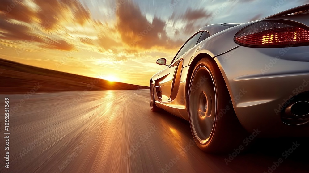 Obraz premium A sleek sports car speeds along an open road at sunset, capturing the essence of adventure, freedom, and power, framed by a dynamic and breathtaking visual scene.