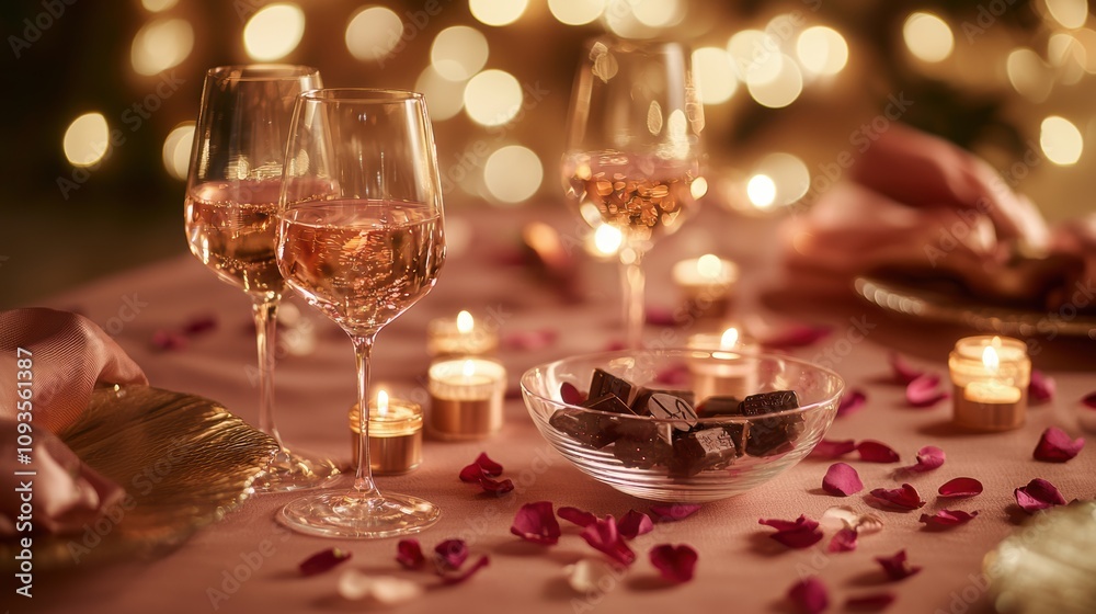 Elegant table with blush-pink tablecloth, floating candles in glass bowls, wine glasses, scattered chocolates, and rose petals, creating a romantic and magical evening setting Elegant table with blush-pink tablecloth, floating candles in glass bowls, wine glasses, scattered chocolates, and rose petals, creating a romantic and magical evening setting