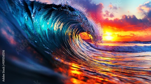 A large wave breaking in the ocean at sunset