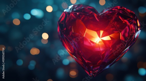 Brilliant red heart shaped crystal gleams amidst a sparkling background of soft lights