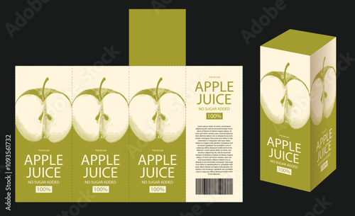 vector mockup template of cardboard packaging box label for apple juice with realistic pattern of half apple.