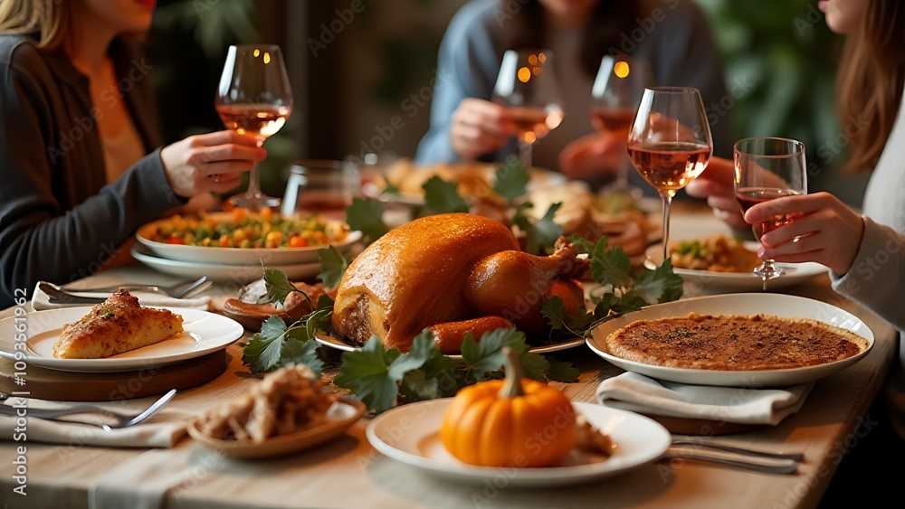 Friends gather around a friendsgiving table laden with autumn treats, roasted turkey, and pumpkin pie, accompanied by glasses of rose wine. Friends gather around a friendsgiving table laden with autumn treats, roasted turkey, and pumpkin pie, accompanied by glasses of rose wine.