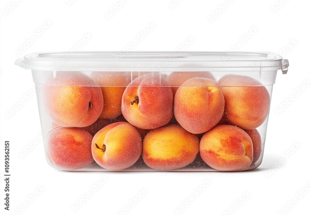 A clear container filled with fresh, ripe peaches showcasing their vibrant colors. A clear container filled with fresh, ripe peaches showcasing their vibrant colors.