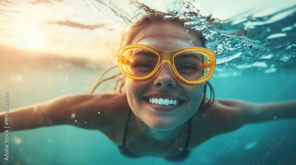 Fototapeta premium A woman smiles brightly underwater, sporting yellow goggles, creating a lively, cheerful moment in a calm aquatic environment, capturing joy and freedom in motion.