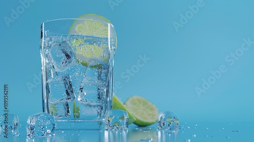 A glass of fizzy soda with ice cubes and a slice of lime on the rim, placed on a cool pastel blue background. The bubbles rise to the surface, creating an energetic and refreshing vibe.