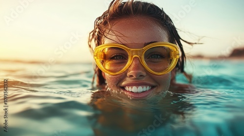 A cheerful woman wearing large yellow goggles is captured in the ocean, enjoying a sunny day, highlighting themes of playfulness and freedom in nature.