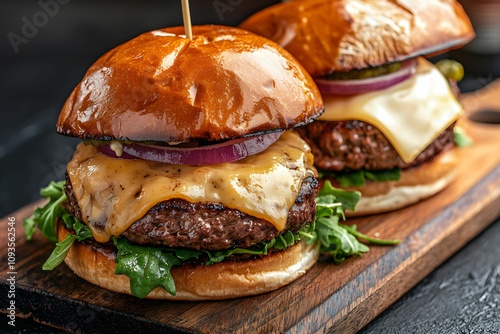 Delicious cheeseburgers served on toasted brioche buns with toppings