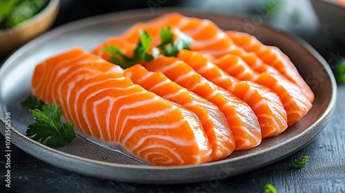 This image shows fresh salmon fillets with vibrant orange color and intricate marbling arranged on a round plate garnished with green herbs, showcasing quality seafood. photo