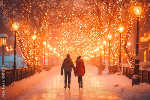 Couple Ice Skating at a Festive Outdoor Rink