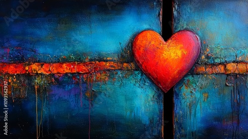 A painting of a red heart on a blue background