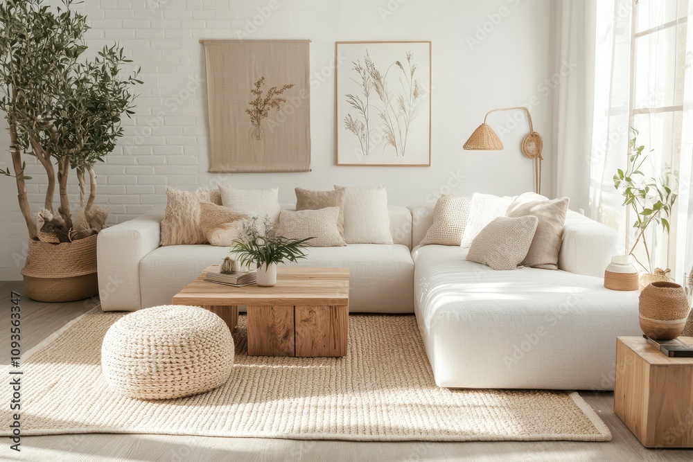 Fototapeta premium Bright and airy living room with minimalist Scandinavian design