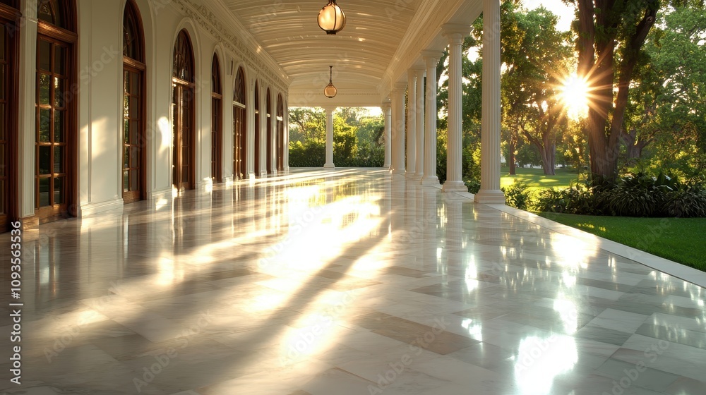 A majestic veranda basking in the warm glow of the sun, with graceful arches and inviting shadows cast across its polished surface, exuding timeless sophistication. A majestic veranda basking in the warm glow of the sun, with graceful arches and inviting shadows cast across its polished surface, exuding timeless sophistication.