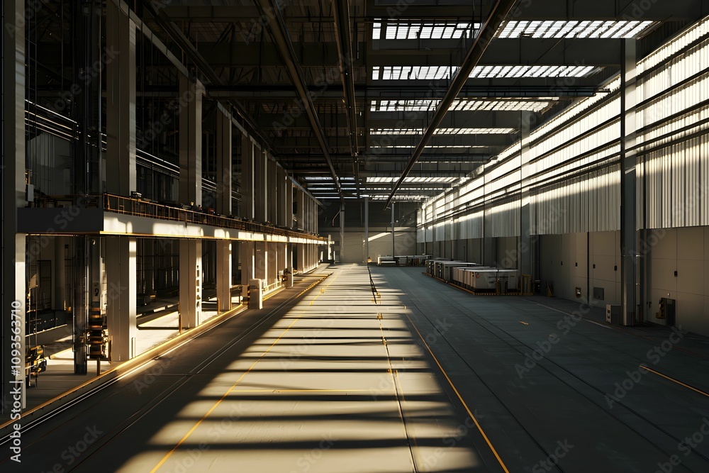 Large warehouse with dramatic lighting during the afternoon Large warehouse with dramatic lighting during the afternoon