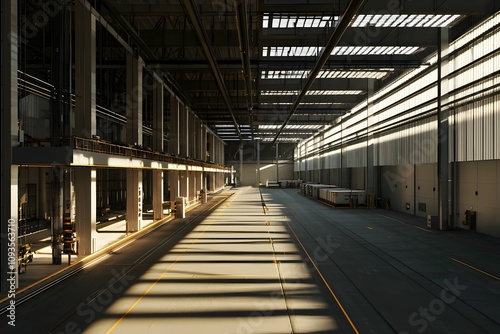 Large warehouse with dramatic lighting during the afternoon