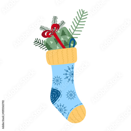 Blue Christmas stocking filled with gifts and pine branches on white background. Vector gift - filled stocking illustration in traditional Christmas magic concept. For invitations, postcards, poster