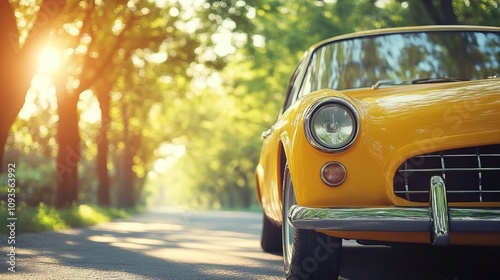 This photo captures a brightly colored classic yellow car parked along a tree-lined country road, bathed in warm sunlight, evoking nostalgia and adventure. photo