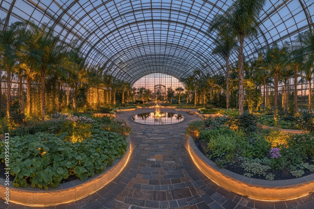 A serene greenhouse filled with tropical plants and a central water feature. A serene greenhouse filled with tropical plants and a central water feature.