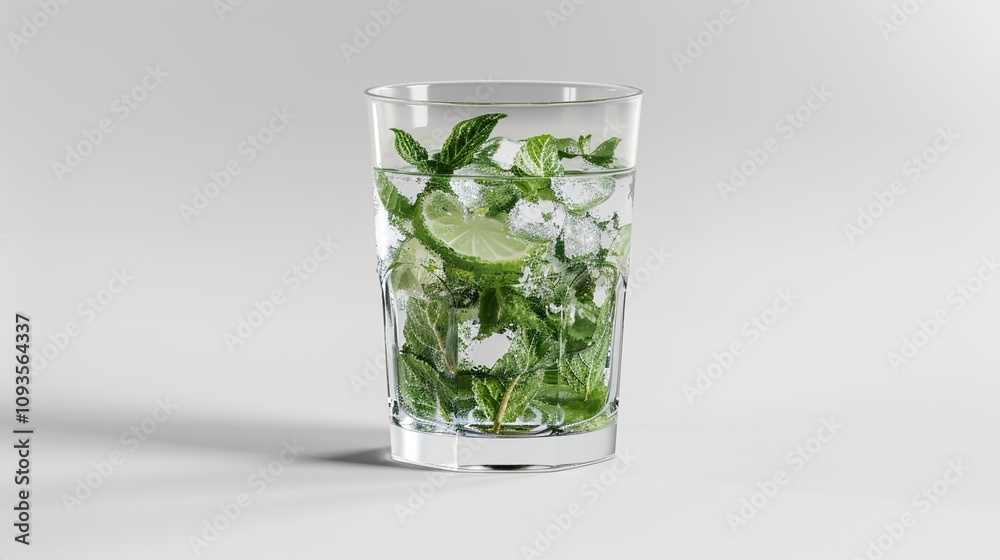 A mojito mocktail in a clear glass, filled with muddled mint leaves, lime wedges, and ice cubes, topped with soda, with condensation on the glass adding realism against a white background. A mojito mocktail in a clear glass, filled with muddled mint leaves, lime wedges, and ice cubes, topped with soda, with condensation on the glass adding realism against a white background.