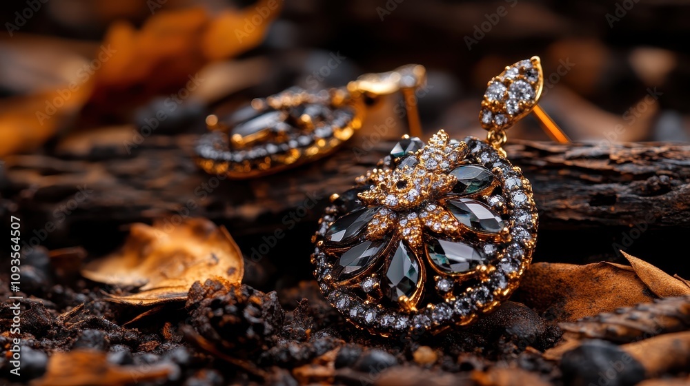 Fototapeta premium Elegant earrings adorned with intricate jewels and delicate designs rest artistically among natural elements, capturing the essence of refinement and beauty.